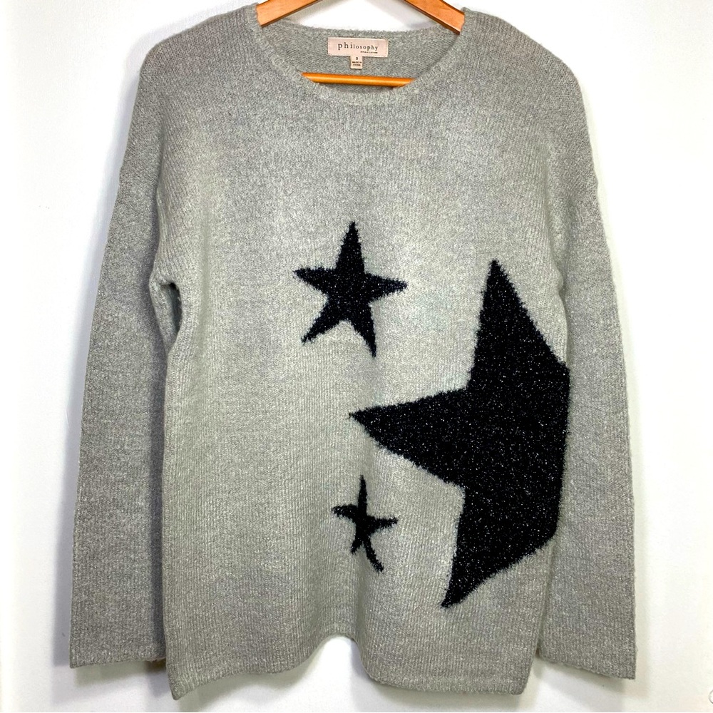 Philosophy Sparkly Stars Fuzzy Gray Black Long Sleeves Pullover Sweaters, S